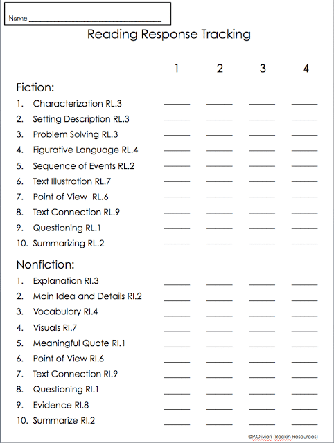 Reading Response - fiction and nonfiction response questions tracking form