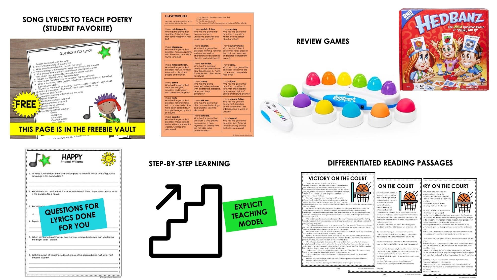 EDUCATIONAL GAMES THAT INCLUDE EGGSPERT, HEADBANDZ, JEOPARDY, AND SONG LYRICS.