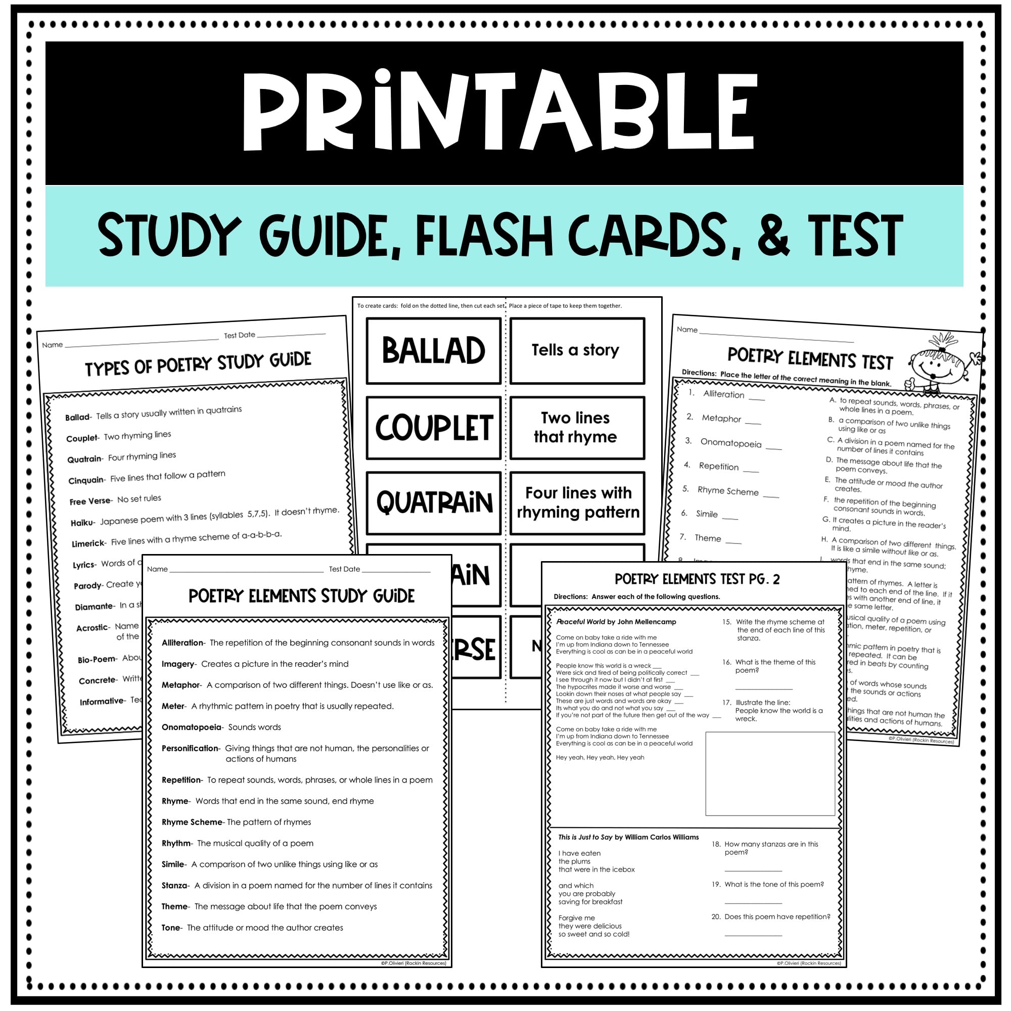 Poetry Tests (2 Study Guides, Flash Cards, And Tests) GOOGLE - Rockin ...