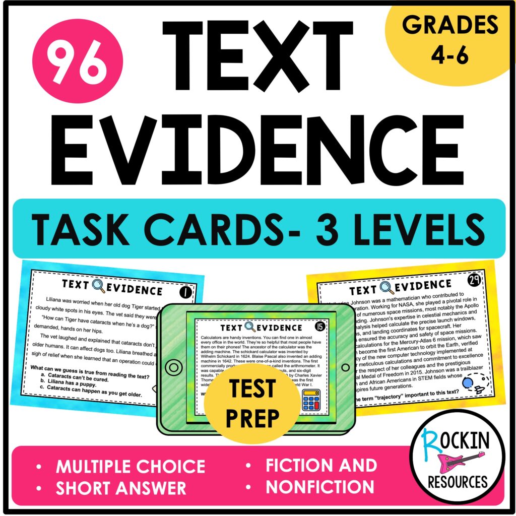 TEXT EVIDENCE TASK CARDS, READING COMPREHENSION, TEST PREP TASK CARDS ...