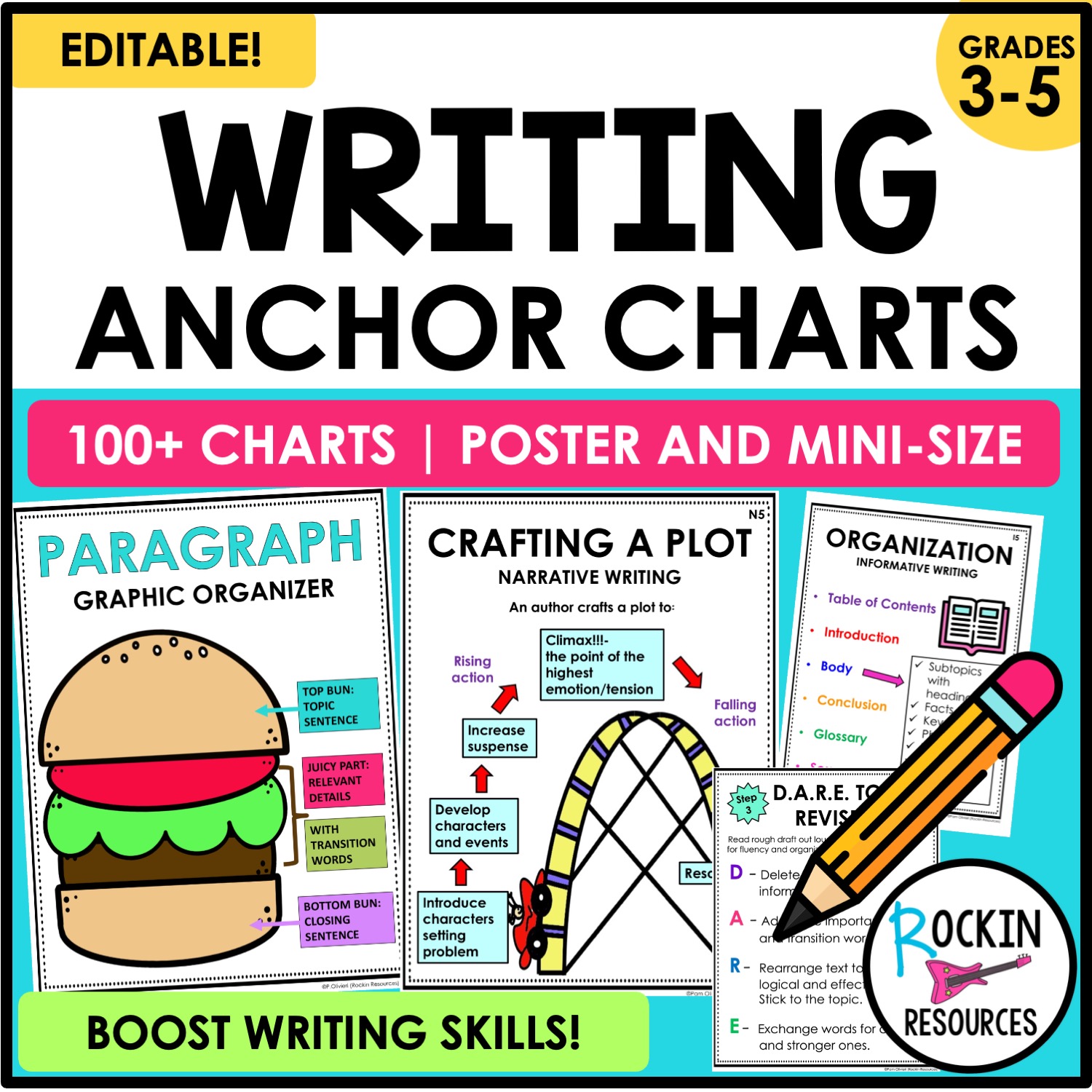Writing Anchor Charts | Editable Posters for Paragraph, Narrative, Opinion, etc.