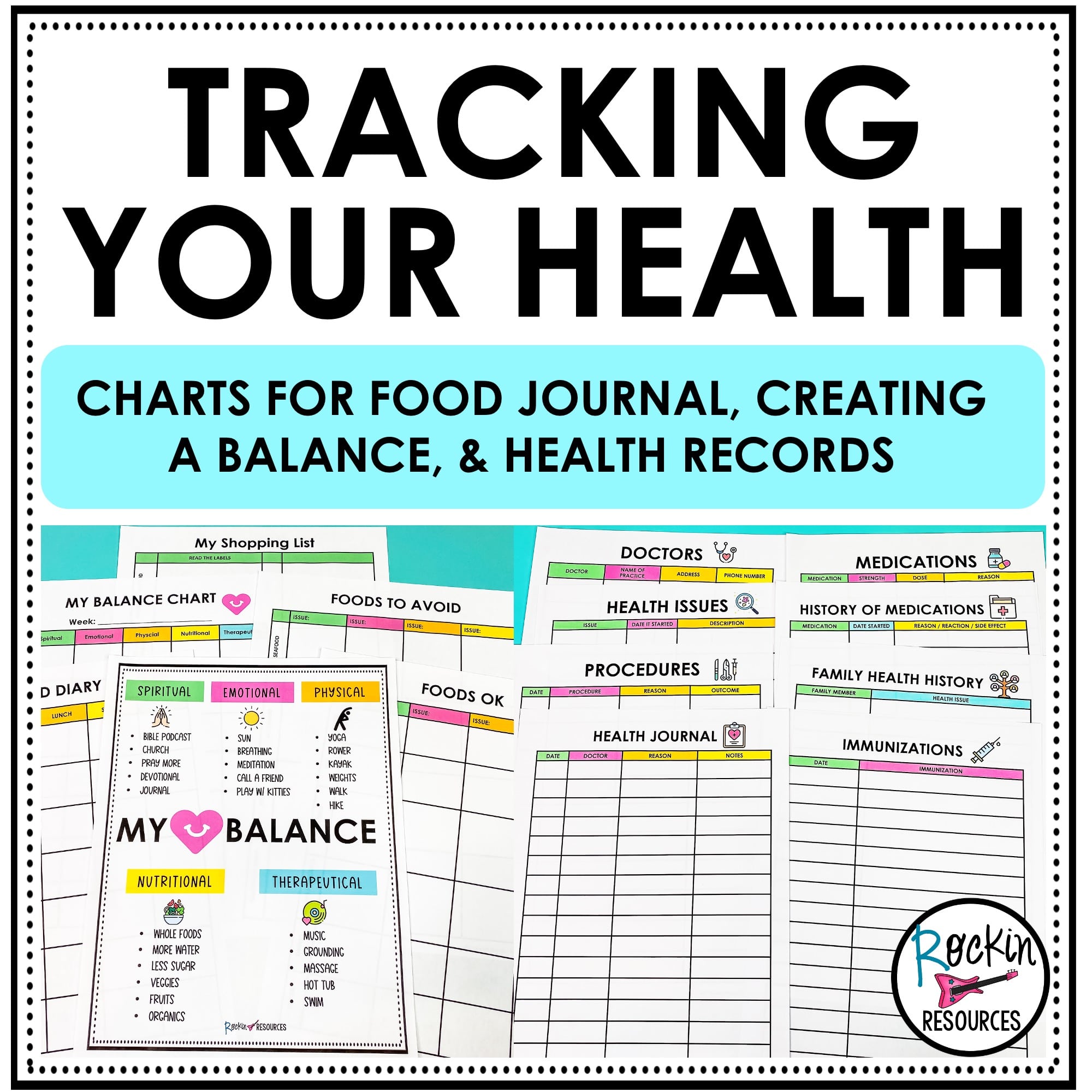 Charts for Tracking Health - Food Journal - Food Diary - Creating a Balance  - Rockin Resources